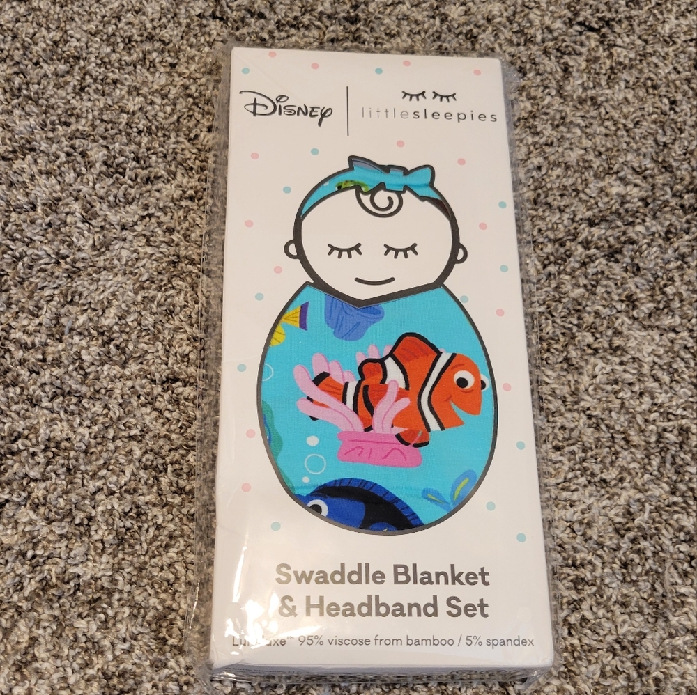 NIB - Little Sleepies Disney Nemo's Reef Swaddle And Luxe Bow Headband Set